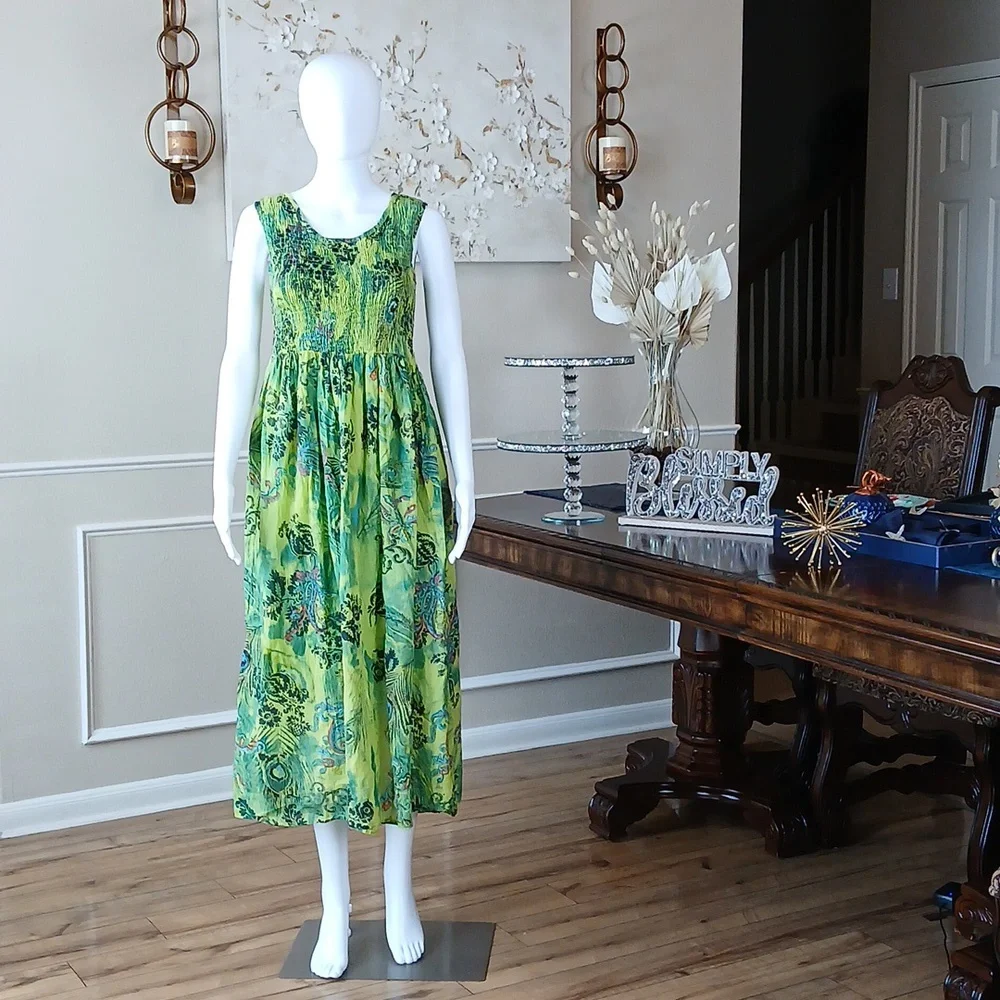 Women's Green Tropical Print Sleeveless Cotton Summer Dress By Hanna Small